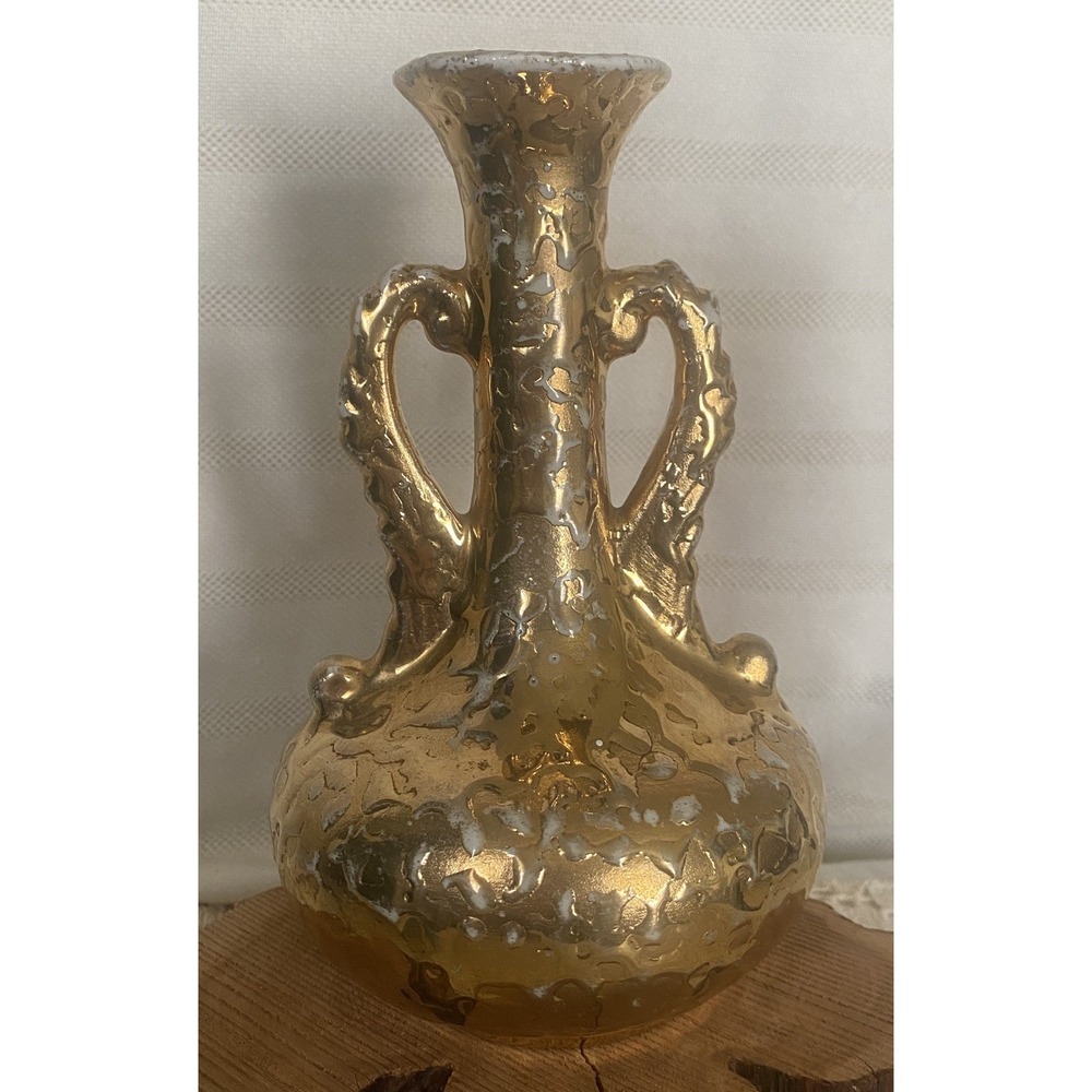 Vintage Weeping Gold Vase Porcelain 7" 22kt Amphora-like Handle Hollywood Dixon